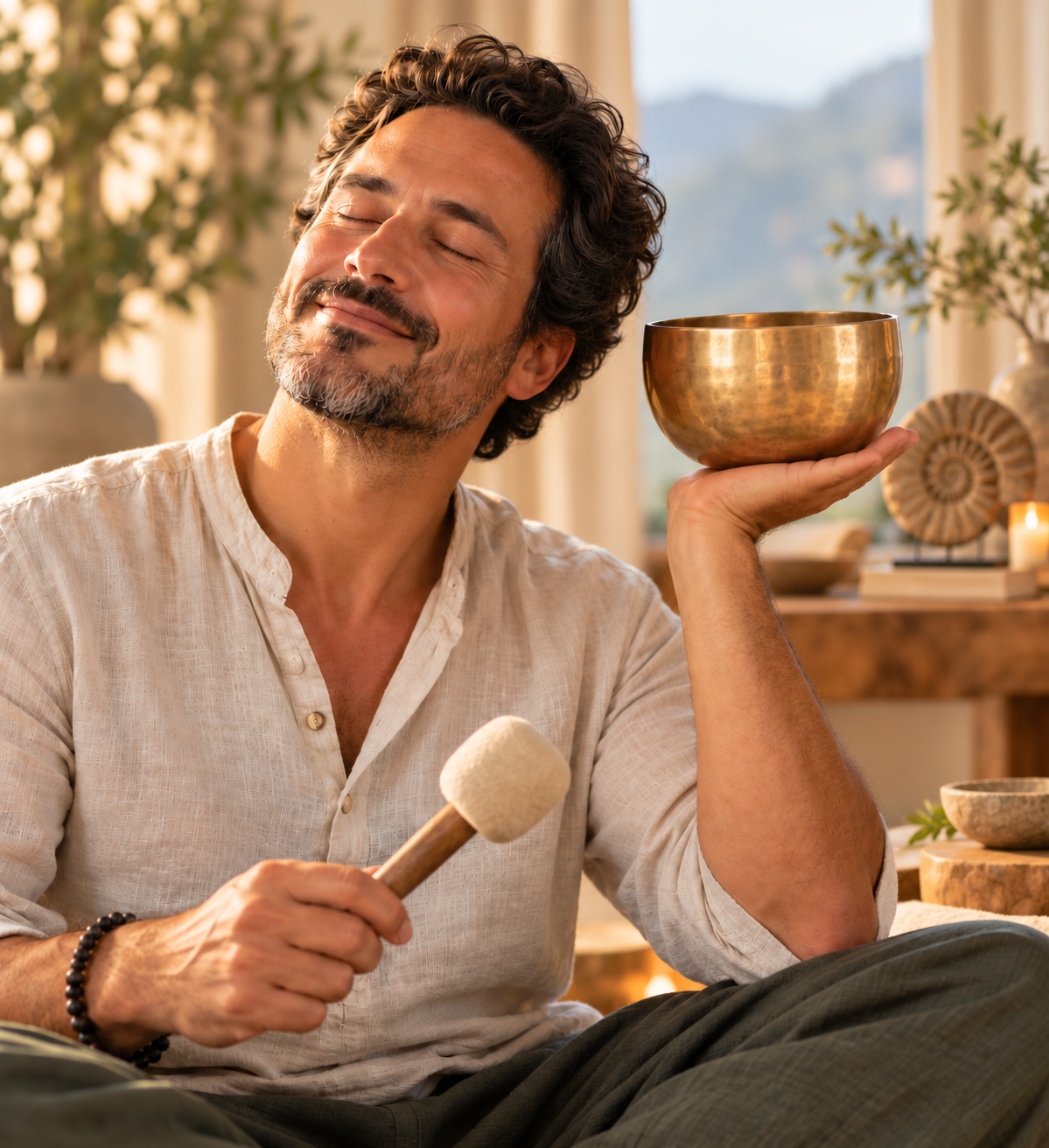 A person meditating peacefully with a golden singing bowl in a bright, calm room.